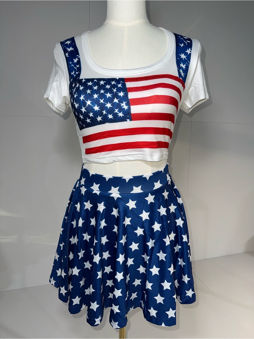 American Flag Two-Piece Crop Top & Star Skirt Set - Red, White & Blue